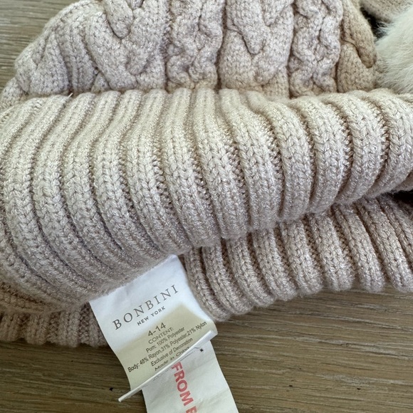 Bonbini girls kids beige Pom Pom cable knit hat & scarf set combo size 4 5 6 7 - Picture 5 of 5